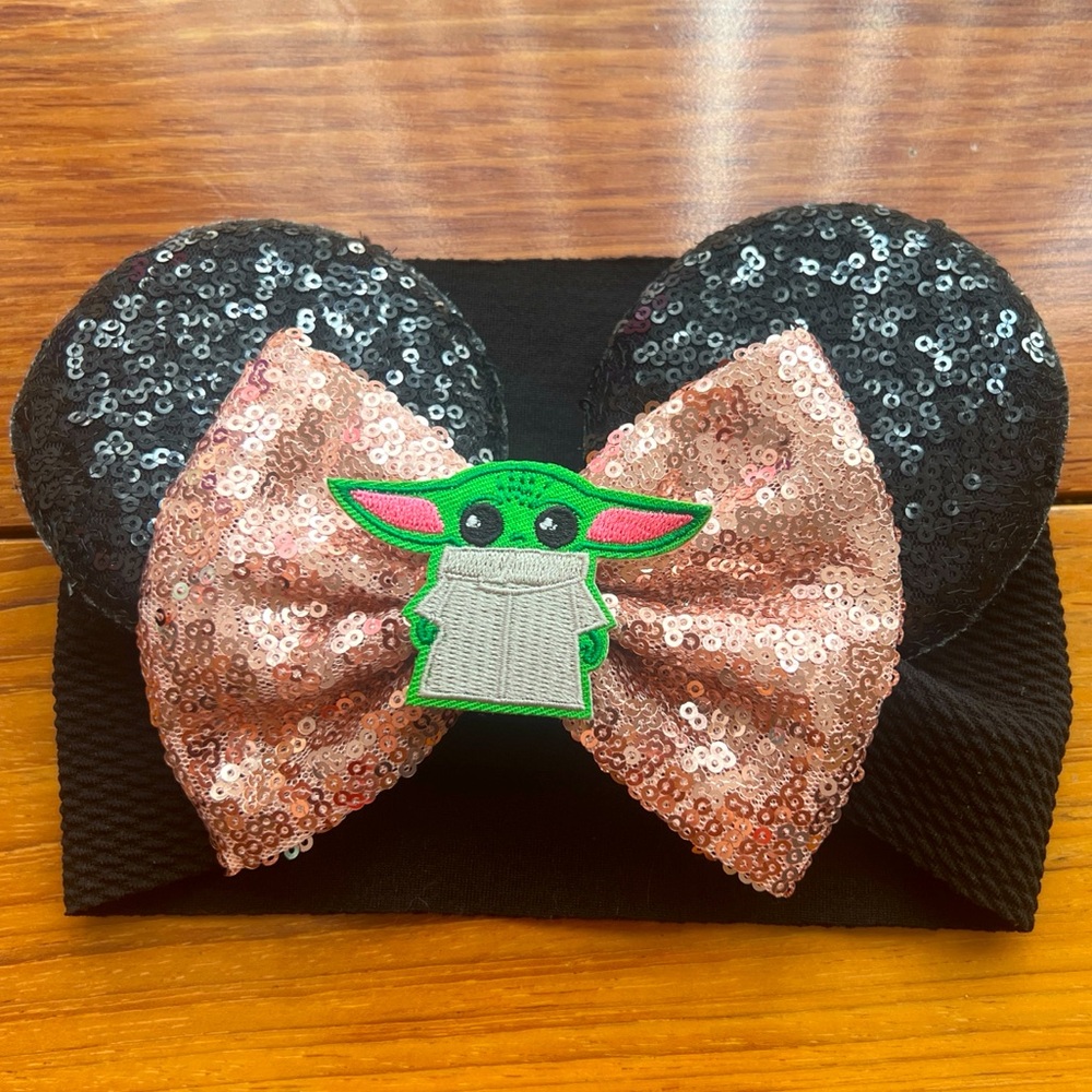 Adorable Custom Handmade Baby Disney Mickey Ears Baby Yoda Rose Gold Bow 6-12M